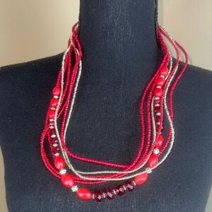 Vintage Red & Silver Beaded Statement Necklace Multi-Strand & Layered